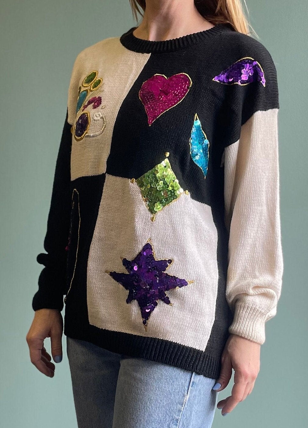 vtg 80s MOD CHECKERED SWEATER // vintage sequin embroidered two tone pop art moschino style  fran fine the nanny long retro halloween cozy