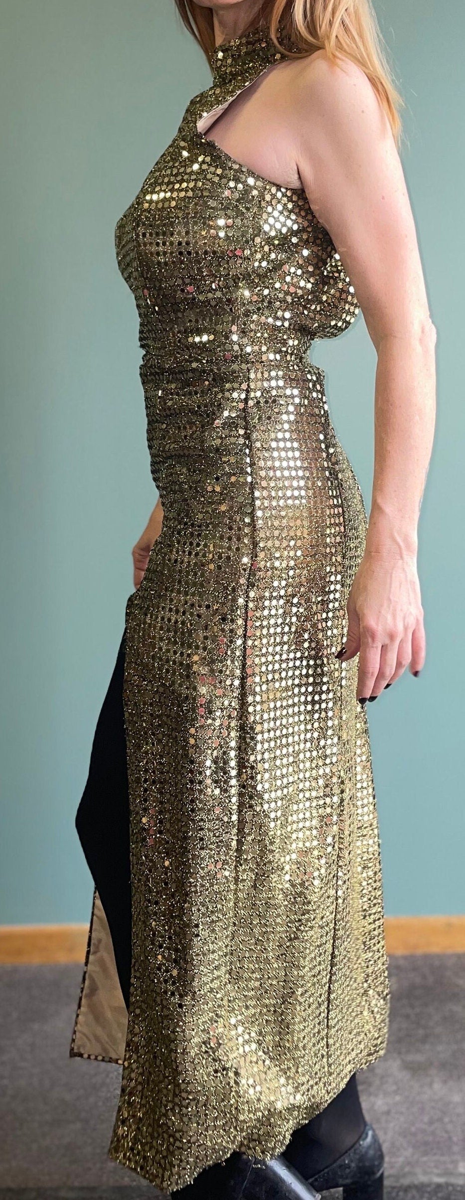 vtg 80s GOLD SEQUIN PARTY Dress // high slit evening dress sexy cocktail party dress gold sparkly halter mock neck sleeveless thigh slits