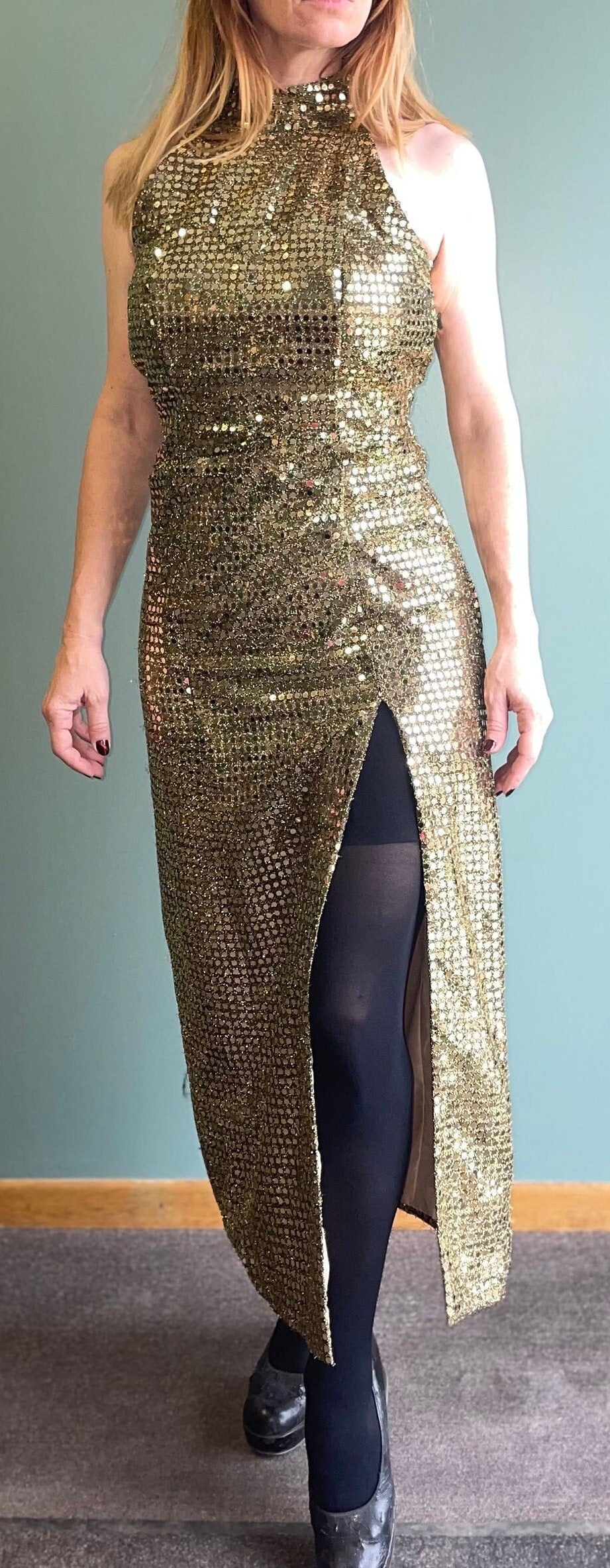 vtg 80s GOLD SEQUIN PARTY Dress // high slit evening dress sexy cocktail party dress gold sparkly halter mock neck sleeveless thigh slits