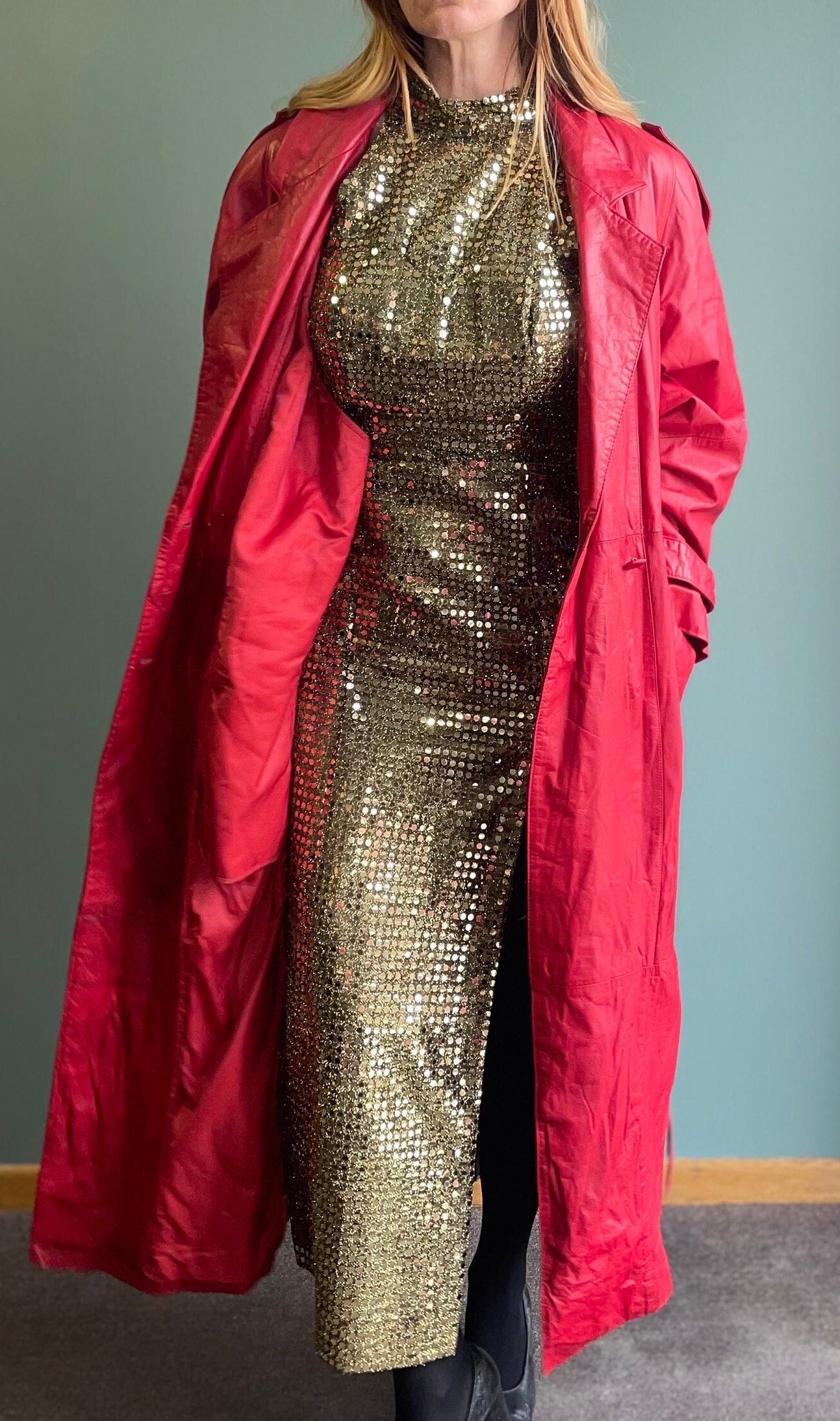 vtg 90s LONG RED LEATHER jacket // big collar oversized belted trench coat thinsulate autumn jacket madonna pop art unique bright funky