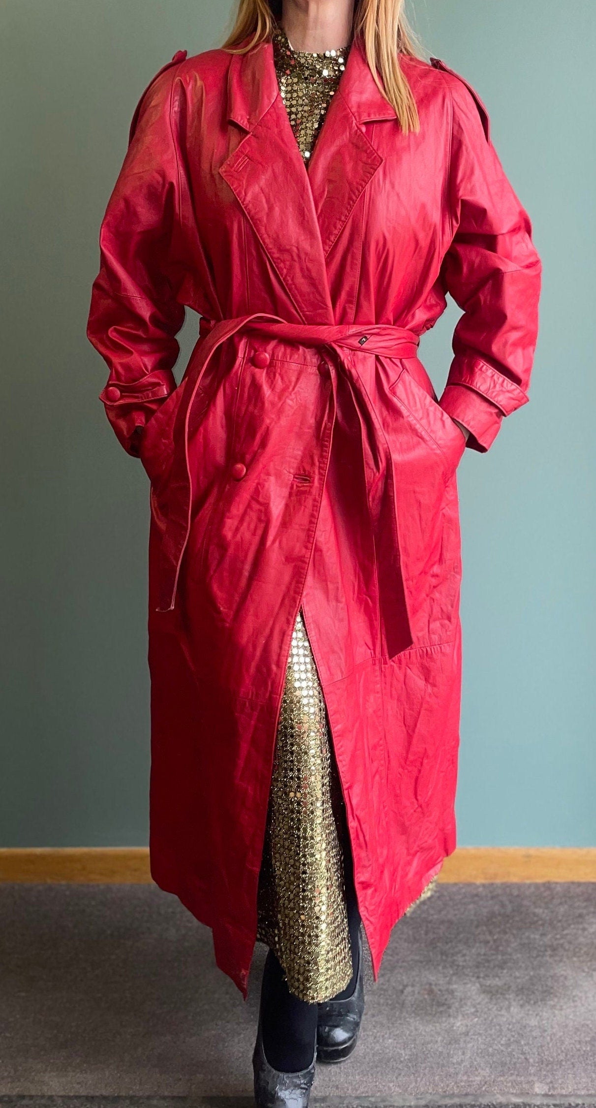 vtg 90s LONG RED LEATHER jacket // big collar oversized belted trench coat thinsulate autumn jacket madonna pop art unique bright funky