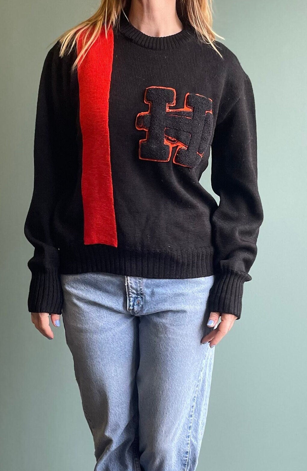 vtg 80s GOTHIC VARSITY LETTERMAN Sweater // vintage cheerleader outfit preppy school cropped two tone striped knit mod retro halloween fall