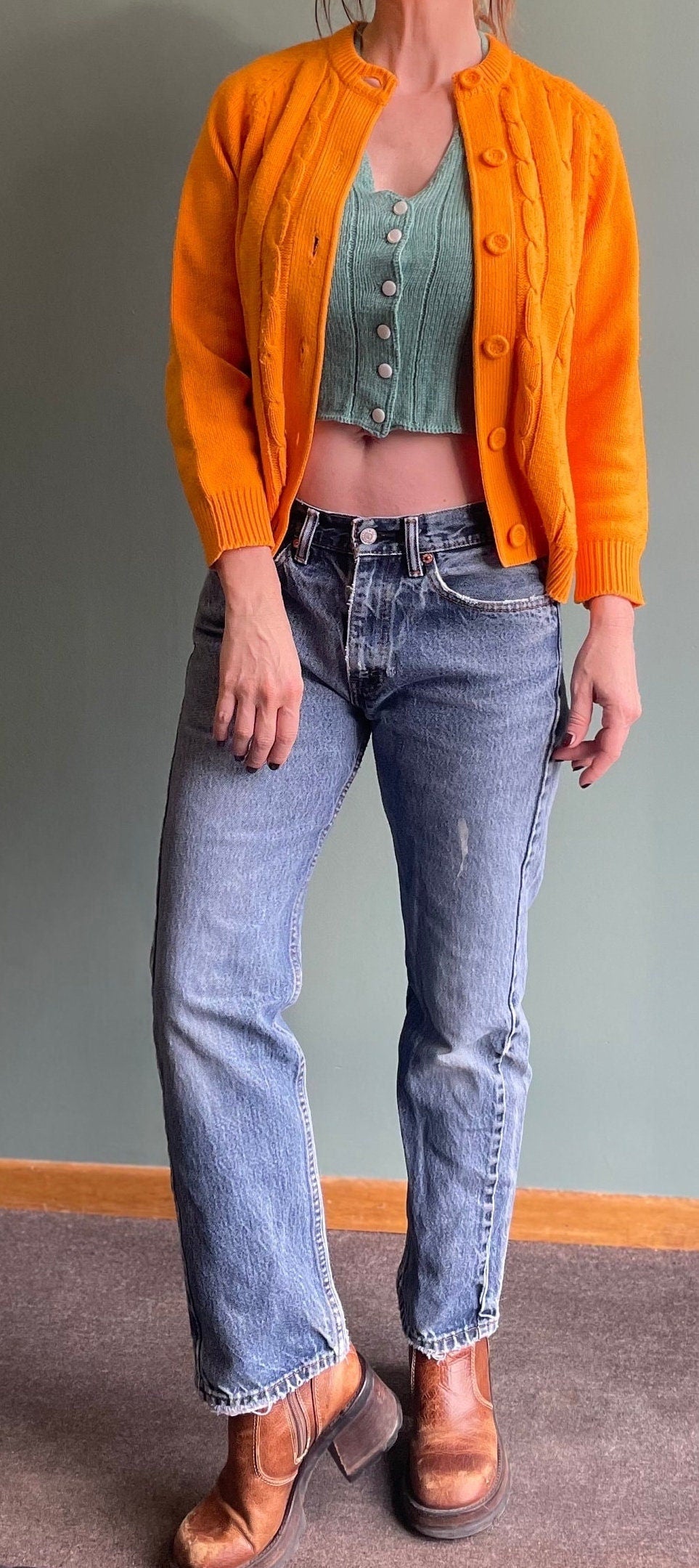 vtg 60s ORANGE CABLE KNIT Cardigan // vintage bright neon orange fuzzy sweater rockabilly kurt cobain autumn back to school teacher preppy