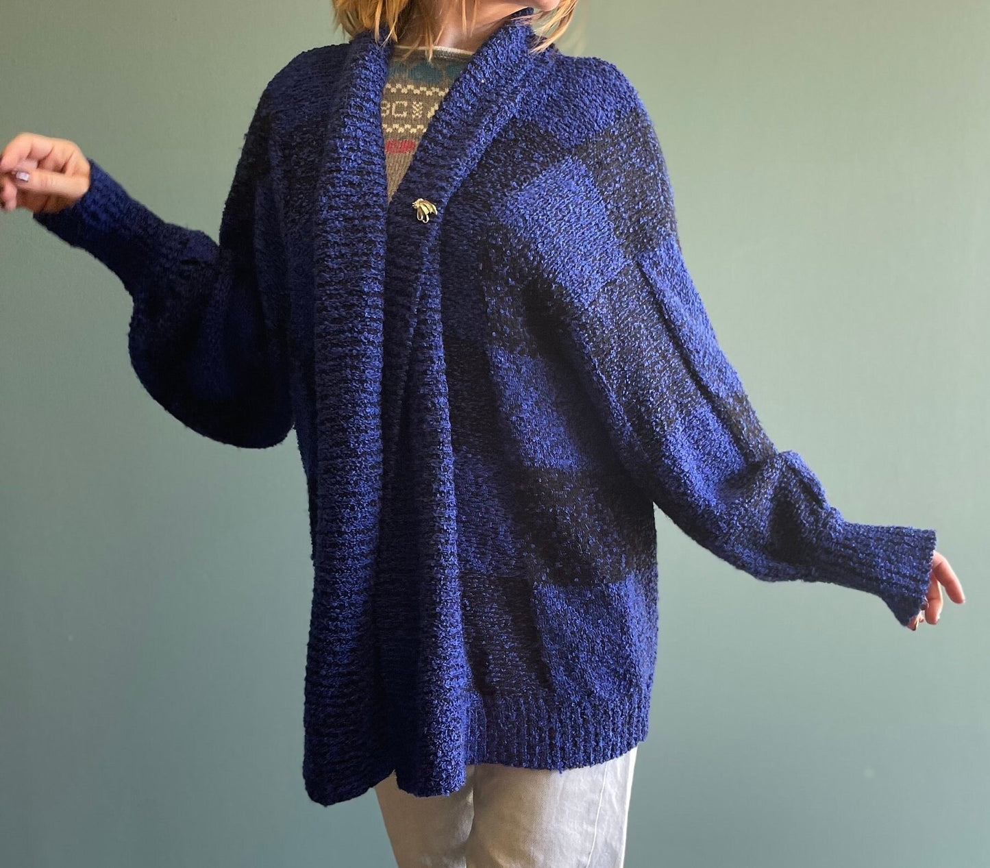 vtg 80s CHECKERED CARDIGAN // vintage slouchy flowy long sweater jacket bright funky black & blue geometric print baggy cozy office cover up