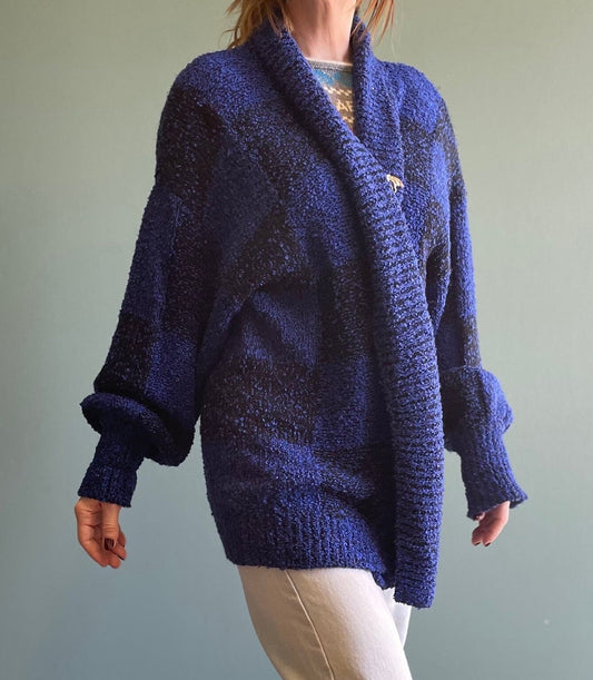 vtg 80s CHECKERED CARDIGAN // vintage slouchy flowy long sweater jacket bright funky black & blue geometric print baggy cozy office cover up