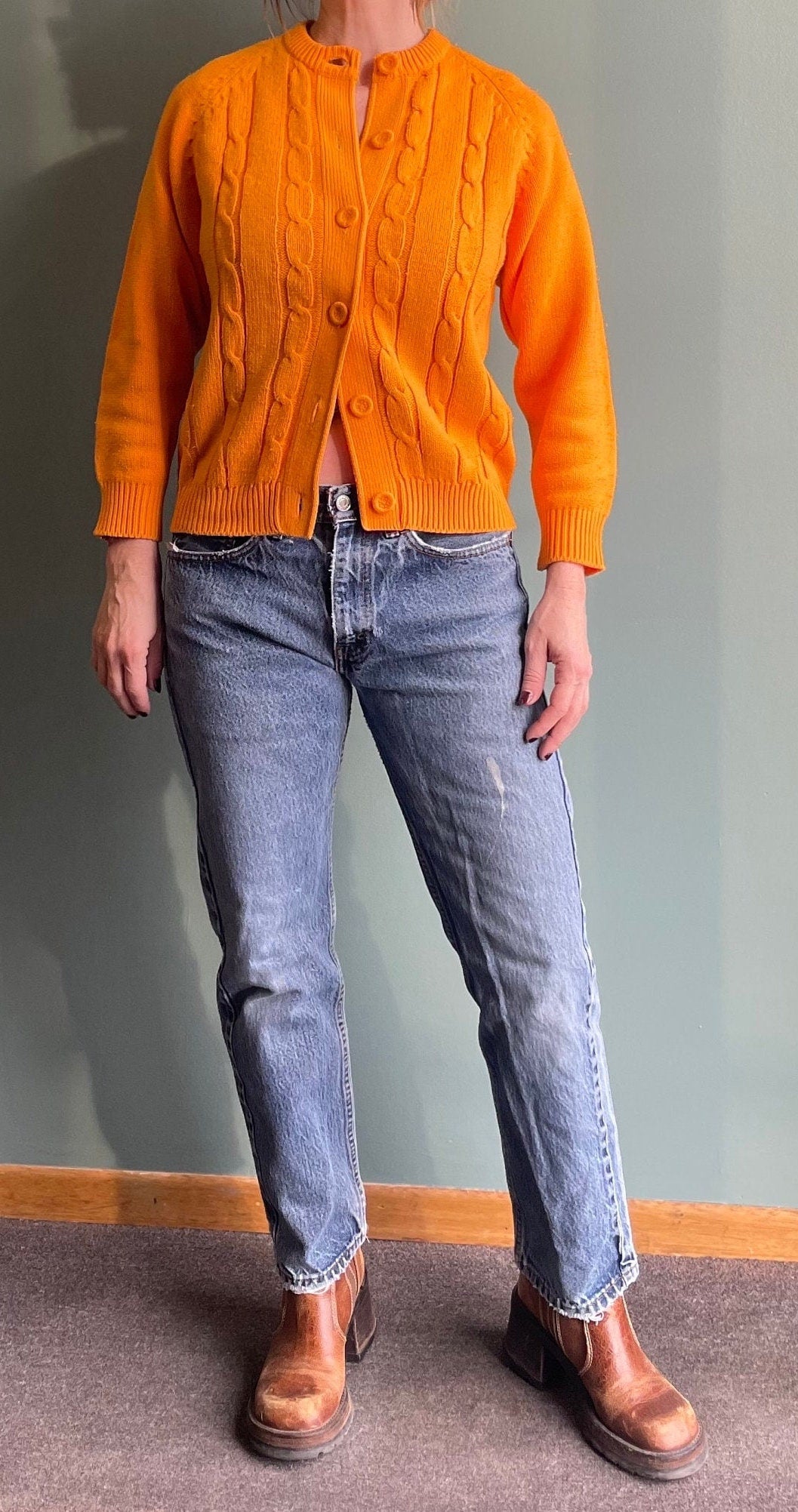 vtg 60s ORANGE CABLE KNIT Cardigan // vintage bright neon orange fuzzy sweater rockabilly kurt cobain autumn back to school teacher preppy