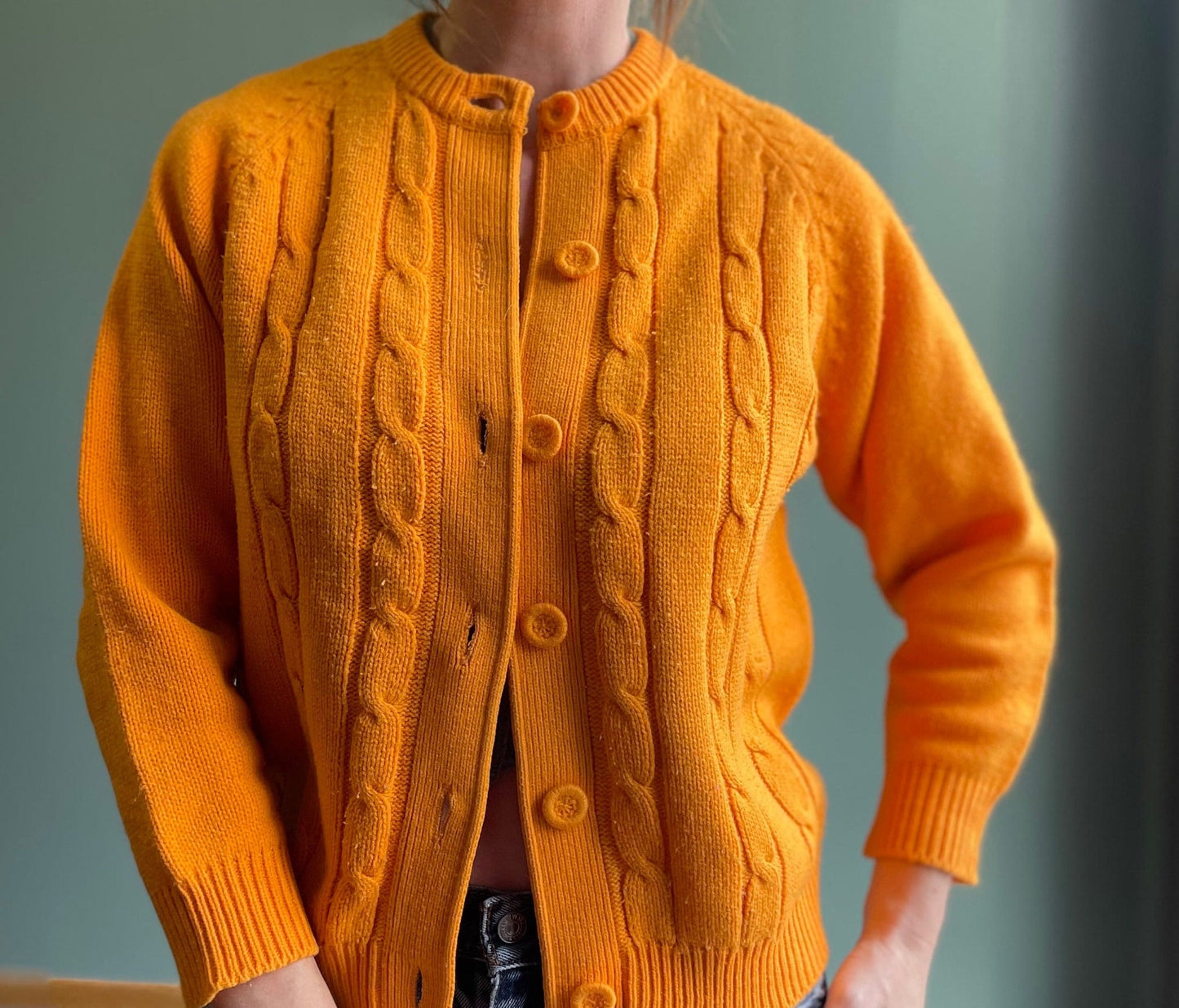 vtg 60s ORANGE CABLE KNIT Cardigan // vintage bright neon orange fuzzy sweater rockabilly kurt cobain autumn back to school teacher preppy