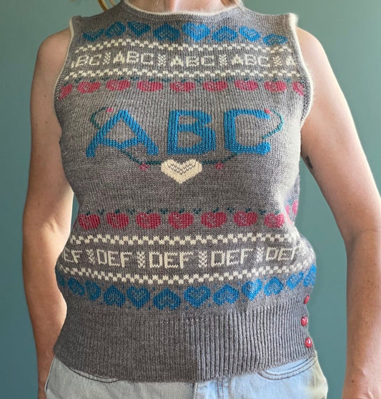 vtg 80s ABC’s TEACHER STYLE Sweater Vest //vintage pastel pink fairy alphabet pattern novelty print cute knit vest cottage core sweet retro