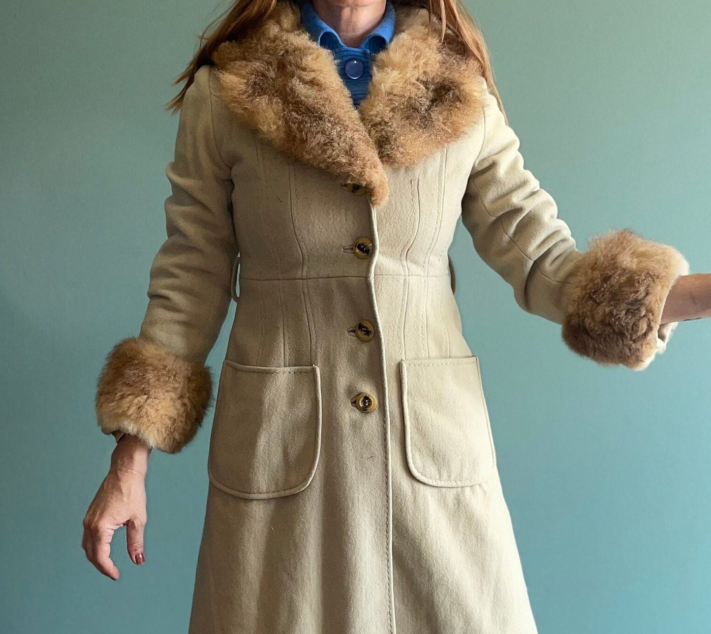 vtg 60s FUR TRIMMED COAT // vintage beige wool stroller trench wool duster fancy big cuffs penny lane style retro neutral earth tones jacket