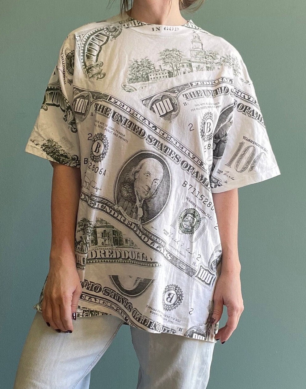 vtg 90s MONEY CASH hype SHIRT // vintage hundred dollars series benjamin franklin big face print baggy oversized all over print rich baller