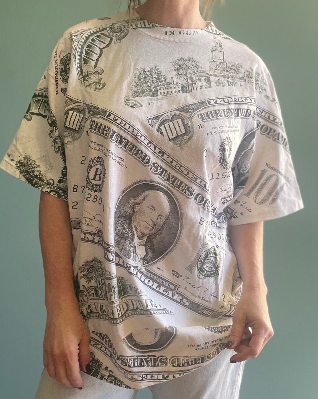 vtg 90s MONEY CASH hype SHIRT // vintage hundred dollars series benjamin franklin big face print baggy oversized all over print rich baller