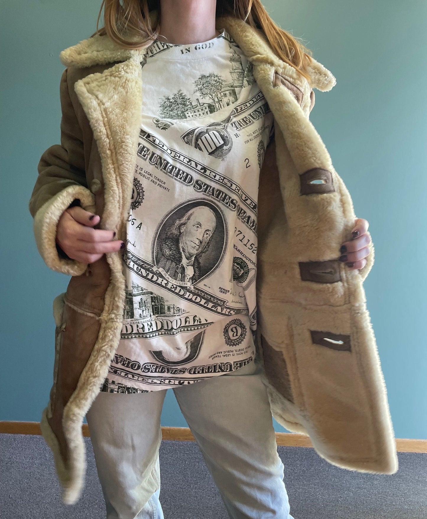 vtg 90s MONEY CASH hype SHIRT // vintage hundred dollars series benjamin franklin big face print baggy oversized all over print rich baller
