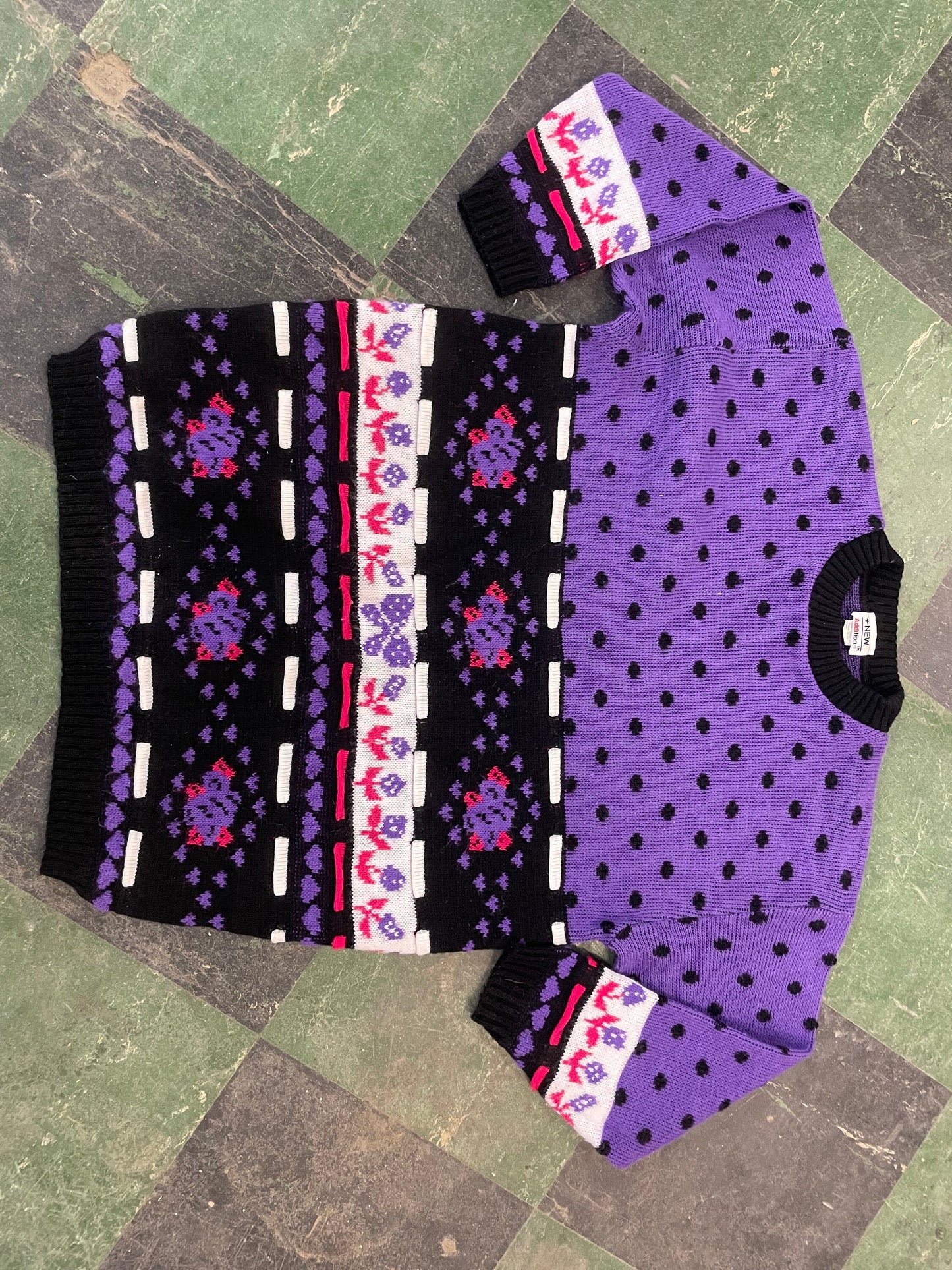 vtg 80s STRIPED POLKA DOT Sweater // vintage purple & black long patterned sweater new addition 90s bright funky maternity oversized bright