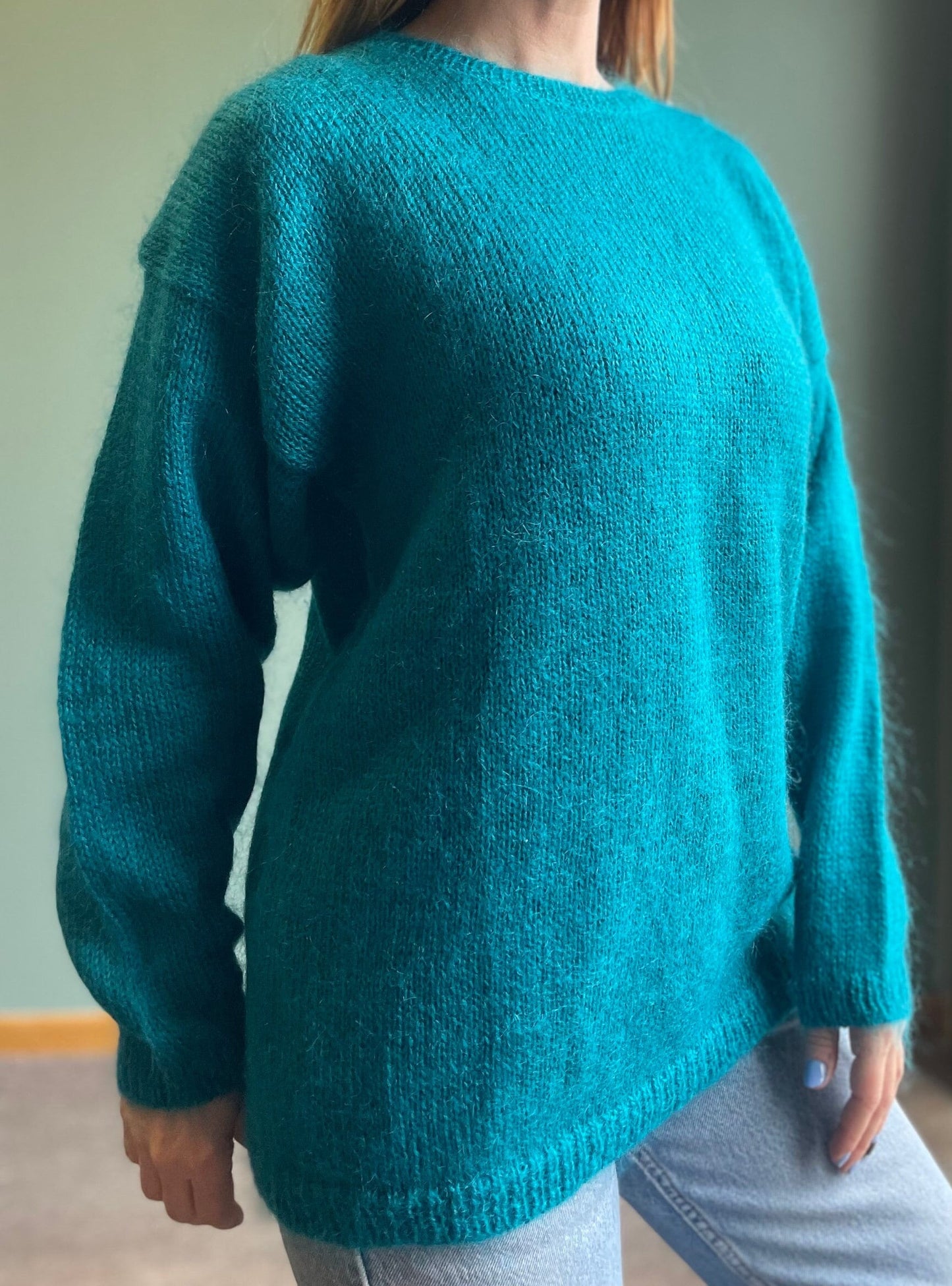 vtg 80s TEAL MOHAIR SWEATER // A.K.F. new york bright blue fuzzy knit long slouchy cozy casual solid long sleeve flowy autumn fashion retro
