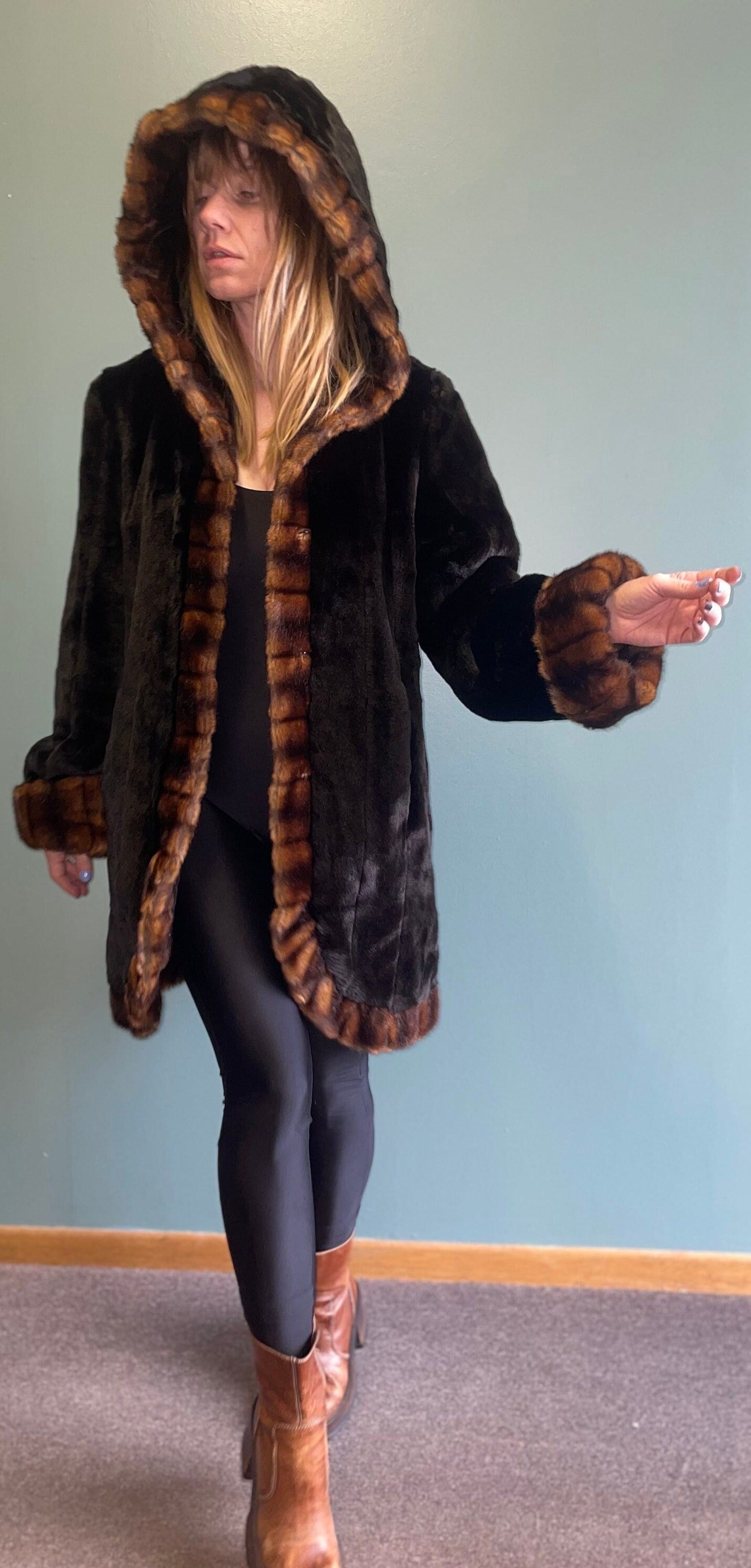 vtg 90s FAUX FUR COAT // 90s Y2k black & brown fur penny lane shearling style faux mink fancy warm winter overcoat striped comfy slouchy
