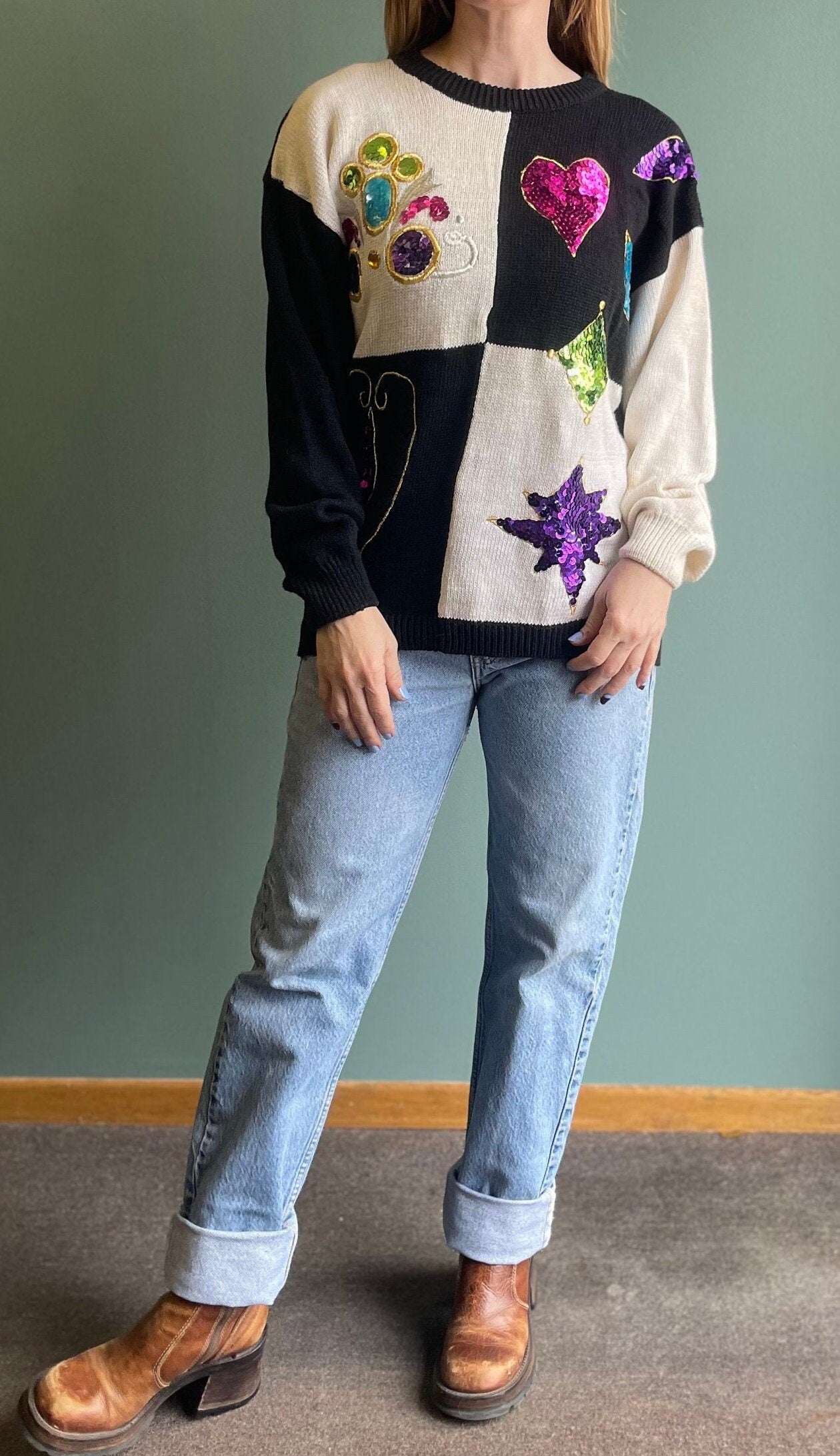 vtg 80s MOD CHECKERED SWEATER // vintage sequin embroidered two tone pop art moschino style  fran fine the nanny long retro halloween cozy