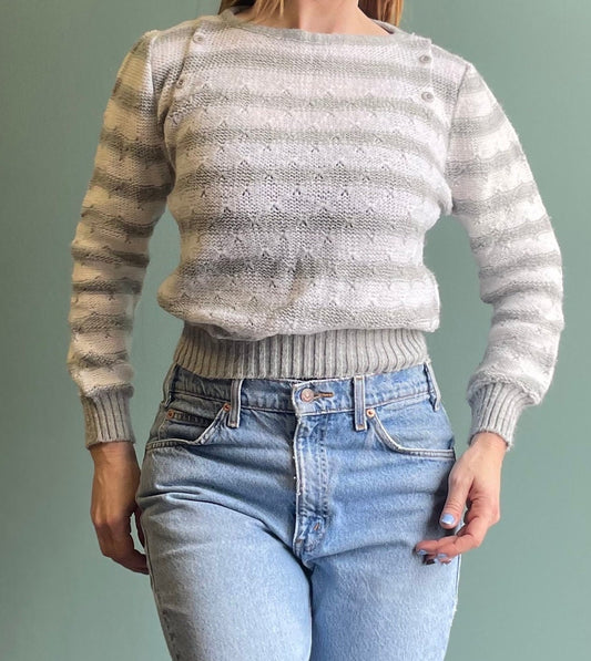 vtg 80s PUFFED SLEEVE SWEATER // vintage textured cropped fit top pastel grey & white striped jumper green lantern 90s cute neutral two tone