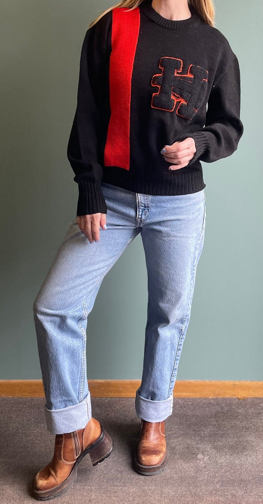 vtg 80s GOTHIC VARSITY LETTERMAN Sweater // vintage cheerleader outfit preppy school cropped two tone striped knit mod retro halloween fall