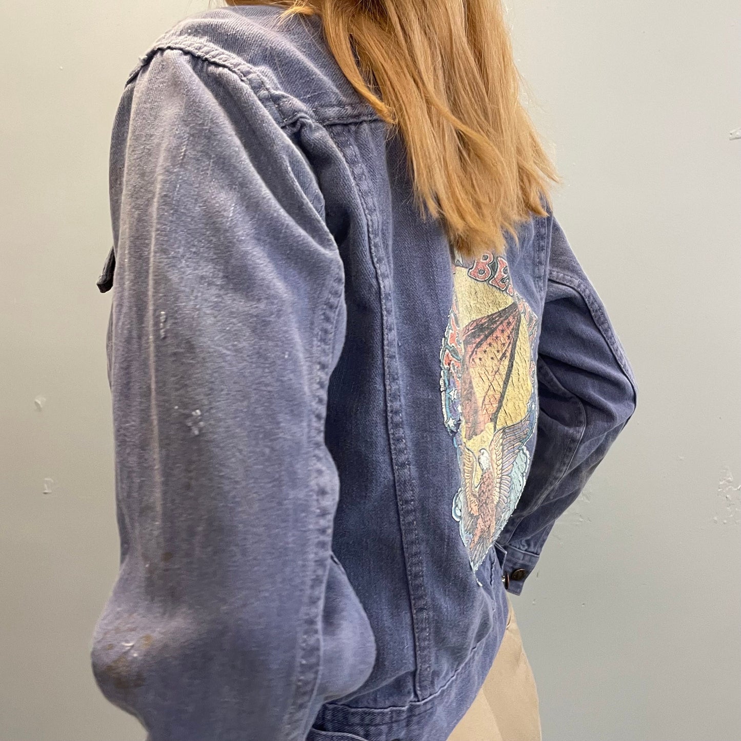 vtg 70s DISTRESSED DENIM jacket thrashed holes shredded top america beautiful iron on transfer buttery soft punk west n wear hippie boho