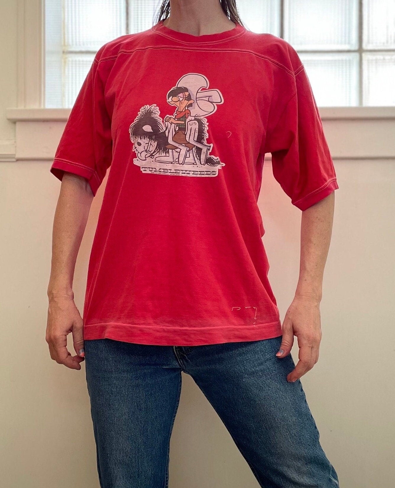 vtg 70s TUMBLEWEEDS DONKEY COWBOY Shirt // vintage funny graphic tee silly drunk old west iron on tshirt football 3/4 sleeve red soft tee