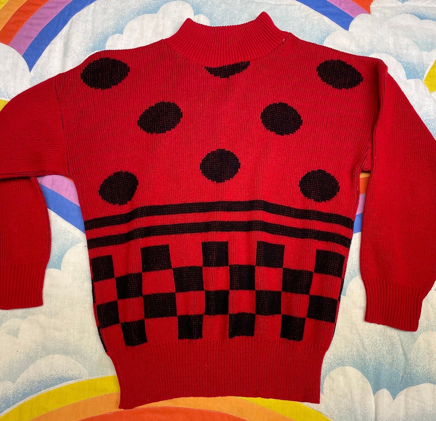 vtg 80s POLKA DOT CHECKERED Sweater // vintage red and black cropped knit autumn fall style ribbed textured abstract op art checkerboard top