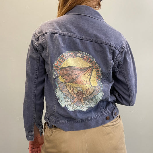 vtg 70s DISTRESSED DENIM jacket thrashed holes shredded top america beautiful iron on transfer buttery soft punk west n wear hippie boho