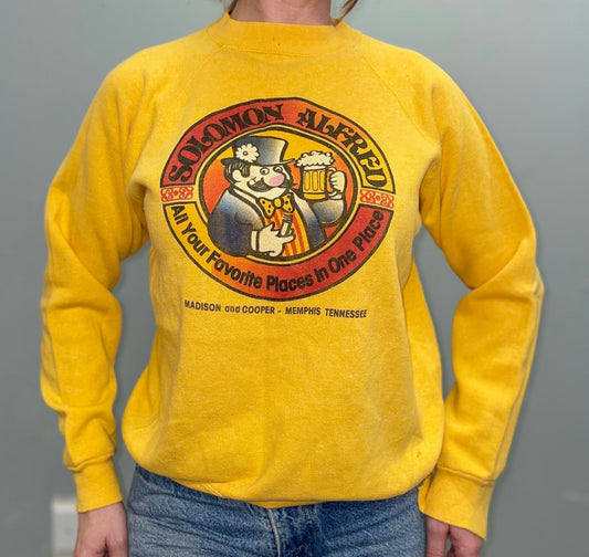 vtg 70s SOLOMON ALFRED'S SWEATSHIRT / vintage memphis bar restaurant memorabila beale street beer iron on yellow top retro double sided top