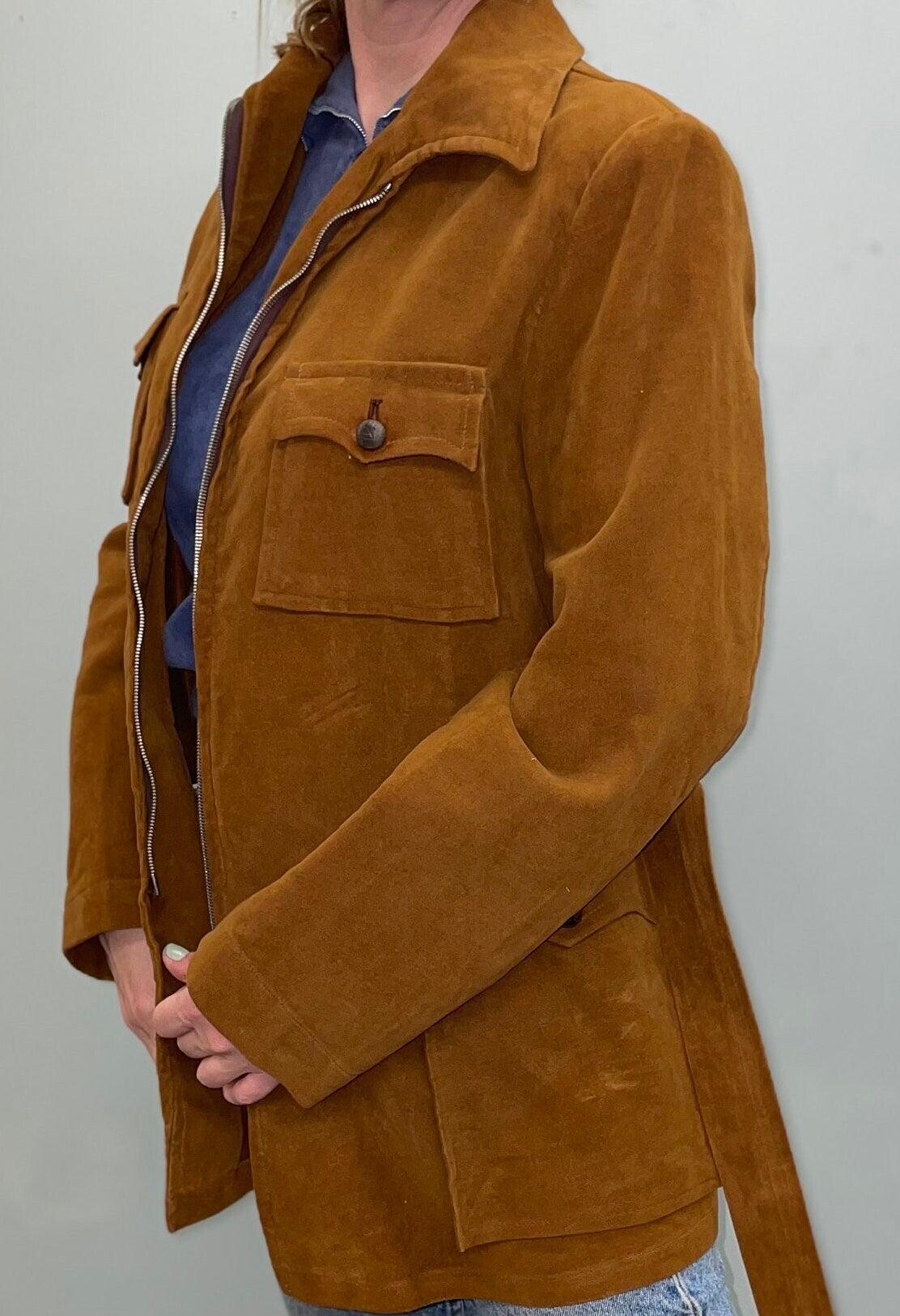 vtg 70s BROWN FELT JACKET // vintage belted pointy collar faux suede mod hippie retro stylish western stroller trench long structured coat