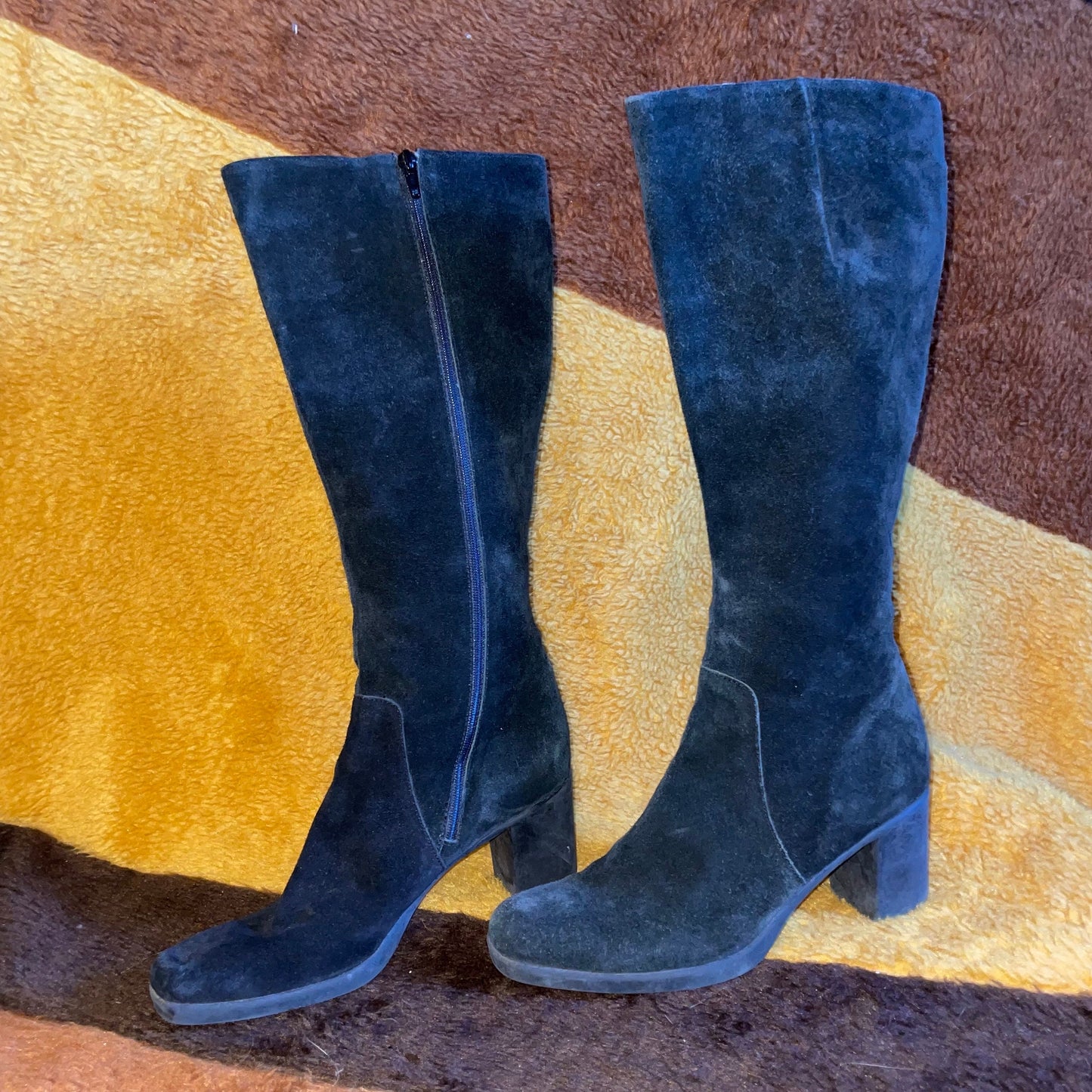 vtg 80s BLACK SUEDE BOOTS  // vintage 8.5 womens knee high angled zip up sleek chic mod beatnik sleek autumn retro go go mod minimalist boot