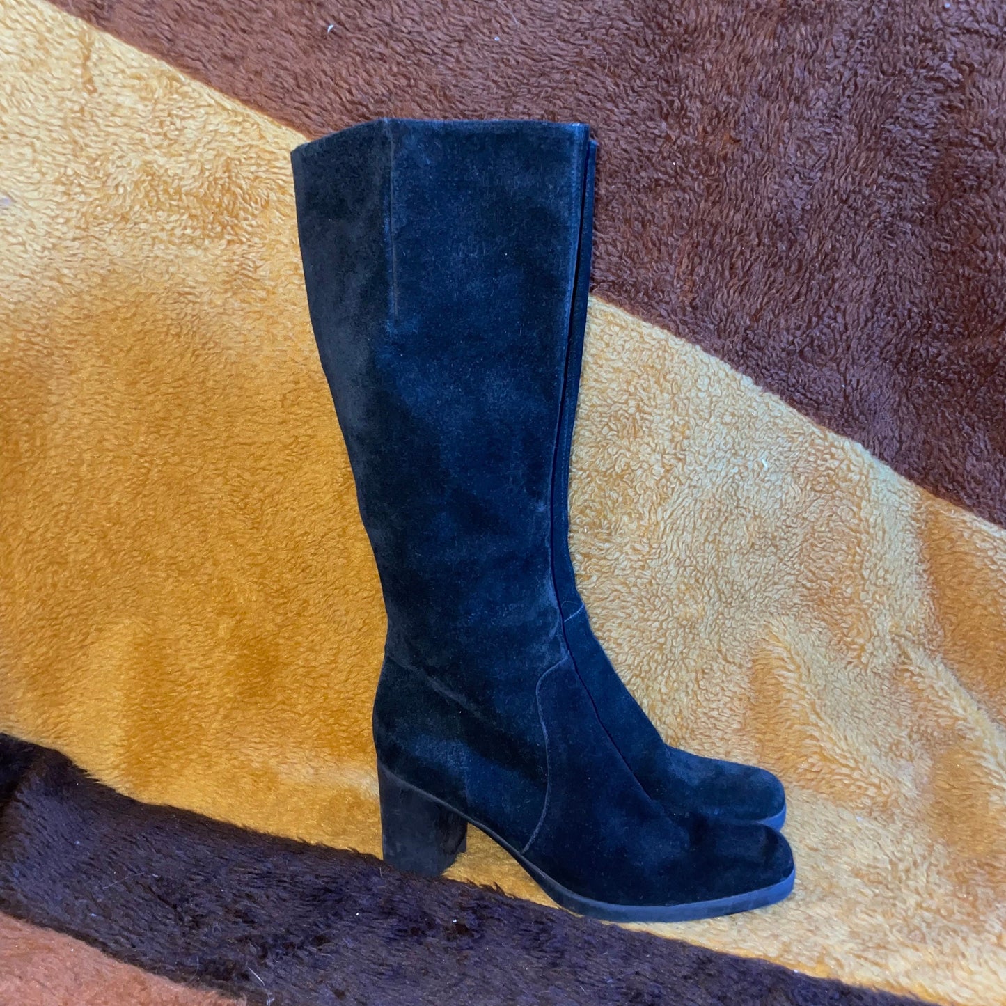 vtg 80s BLACK SUEDE BOOTS  // vintage 8.5 womens knee high angled zip up sleek chic mod beatnik sleek autumn retro go go mod minimalist boot