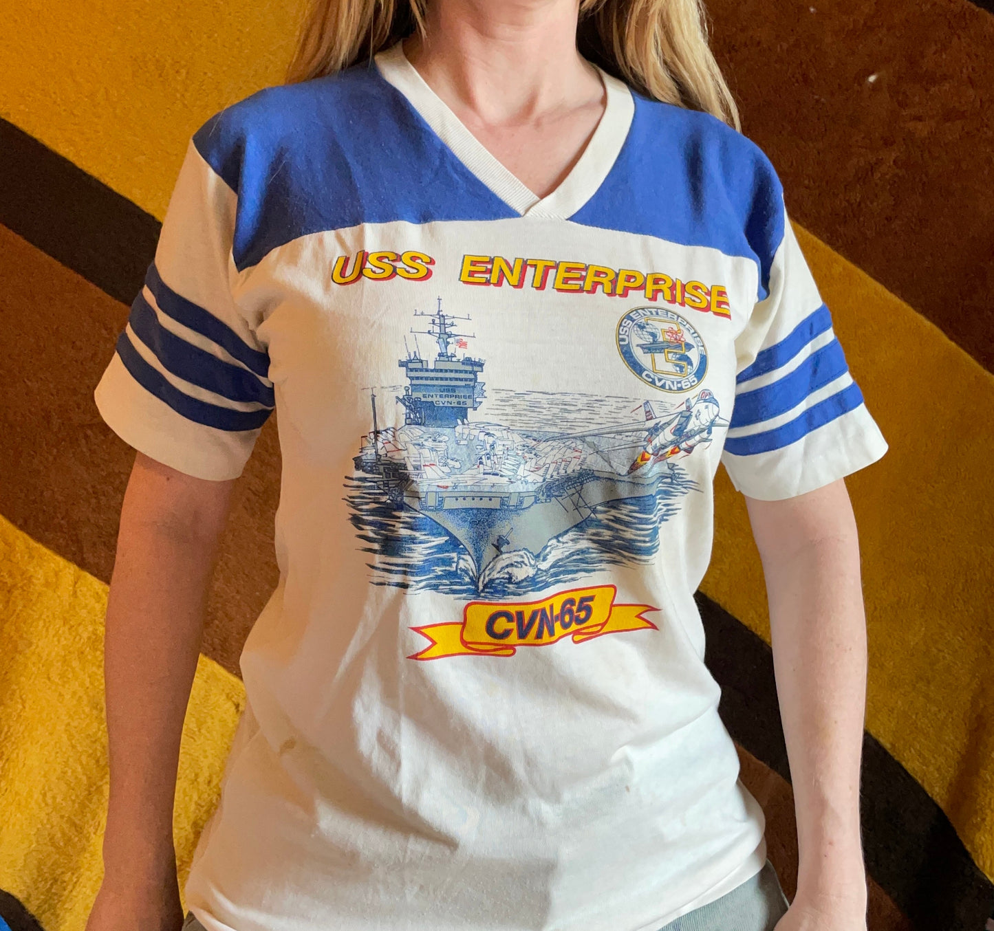 vtg 70s TOP GUN USS // vintage enterprise cvn 65 navy aircraft carrier striped ringer shirt 80s  retro graphic tee striped sleeves v neck