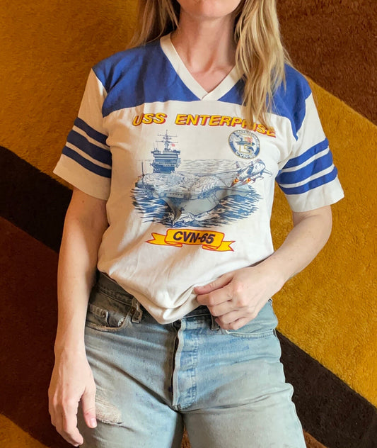 vtg 70s TOP GUN USS // vintage enterprise cvn 65 navy aircraft carrier striped ringer shirt 80s  retro graphic tee striped sleeves v neck