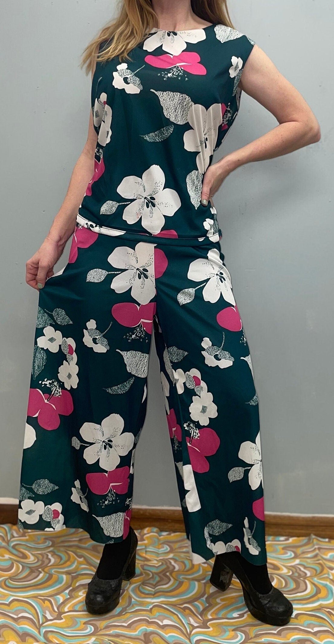 vtg 70s 3 PIECE JUMPSUIT // vintage size large green sheer sleeve pantsuit high waisted palazzo flare leg & matching top retro hippie autumn