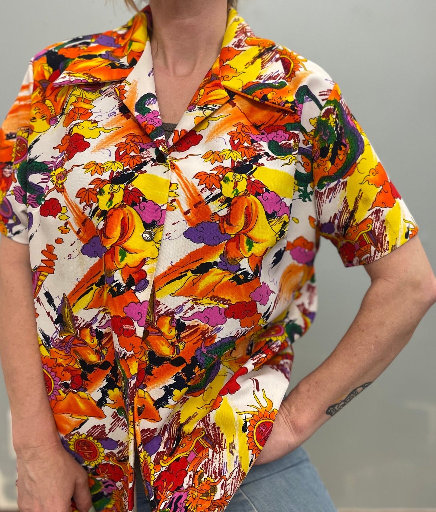 vtg 60s PSYCHEDELIC OXFORD TOP // vintage xl button up abstract print hawaiian hippie mod retro autumn blouse flower print dress shirt fall