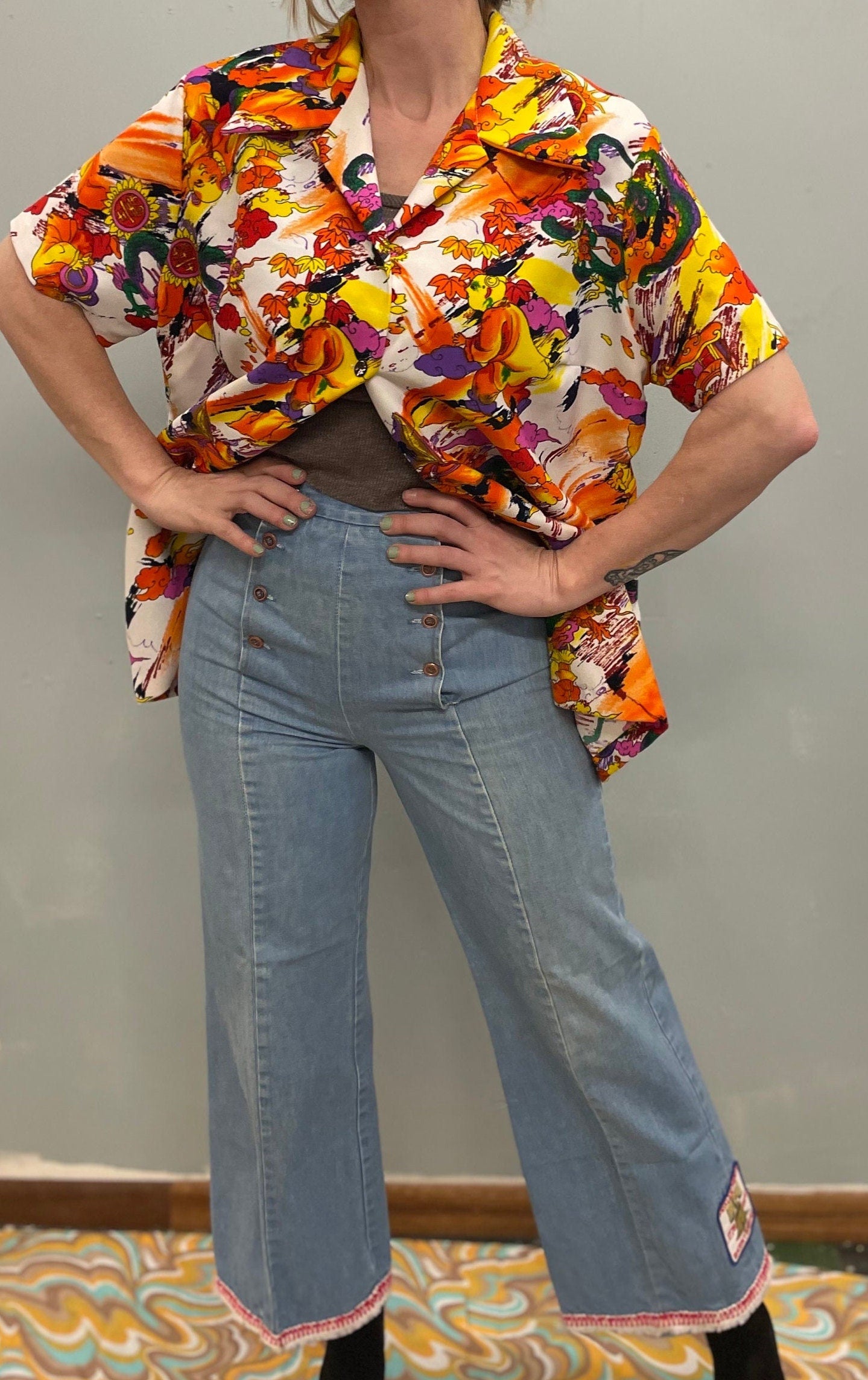 vtg 60s PSYCHEDELIC OXFORD TOP // vintage xl button up abstract print hawaiian hippie mod retro autumn blouse flower print dress shirt fall