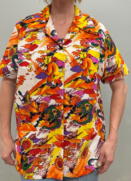 vtg 60s PSYCHEDELIC OXFORD TOP // vintage xl button up abstract print hawaiian hippie mod retro autumn blouse flower print dress shirt fall