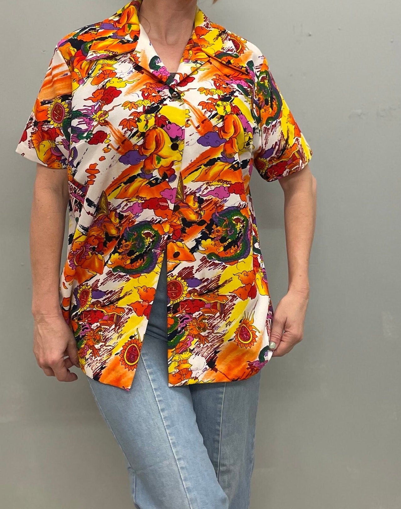 vtg 60s PSYCHEDELIC OXFORD TOP // vintage xl button up abstract print hawaiian hippie mod retro autumn blouse flower print dress shirt fall