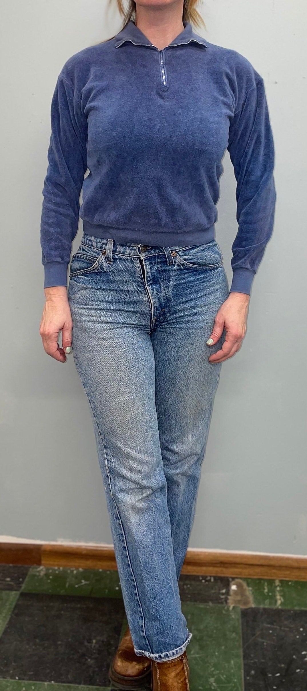 vtg 70s BLUE VELOUR SHIRT // vintage quarter zip distressed youth large soft fitted cropped sweatshirt long sleeve petite womens autumn top