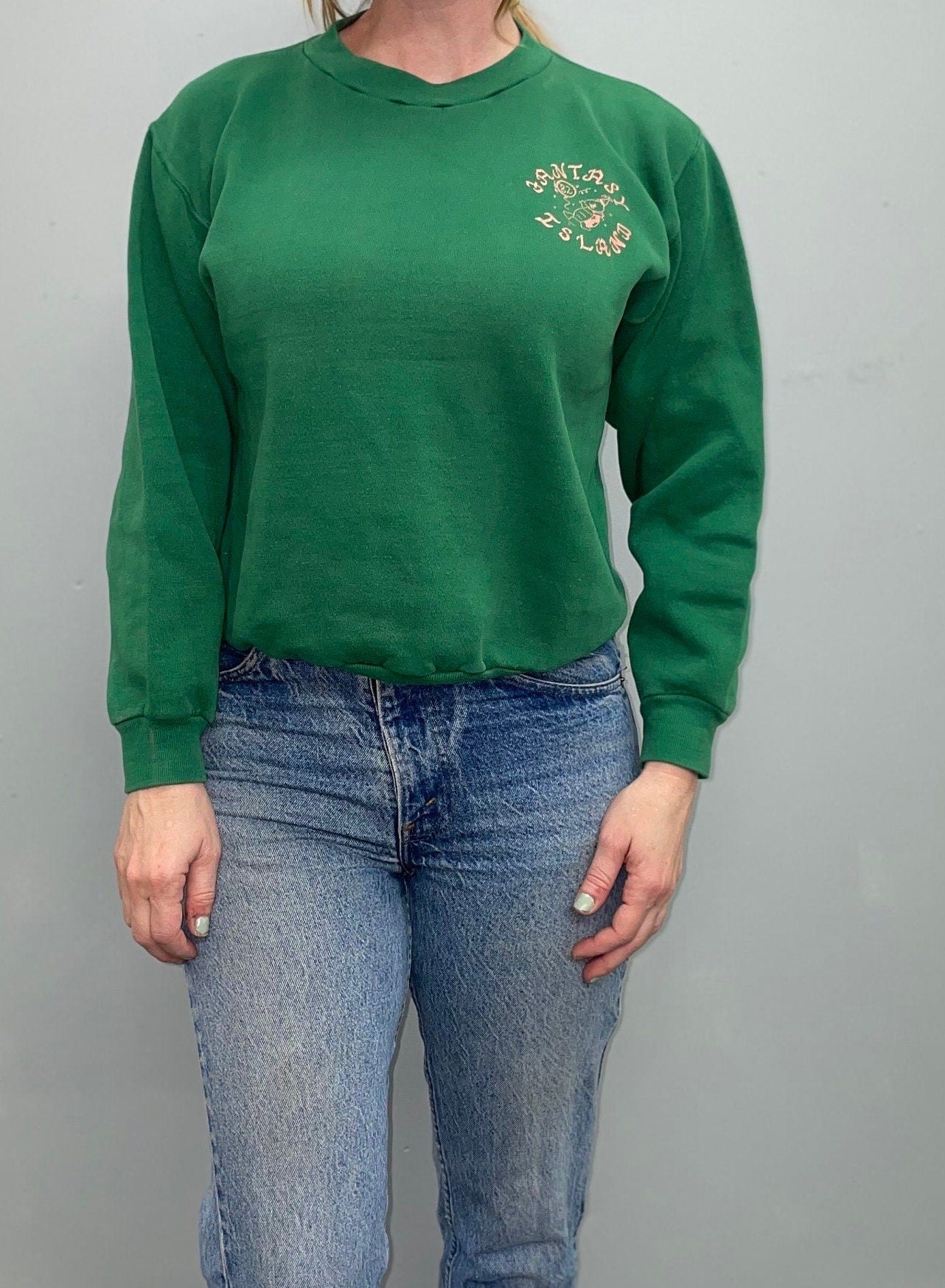 vtg 80s FANTASY ISLAND SWEATSHIRT // vintage 1982 green sorority party shirt delta zeta autumn crewneck pullover graphic tee russell small