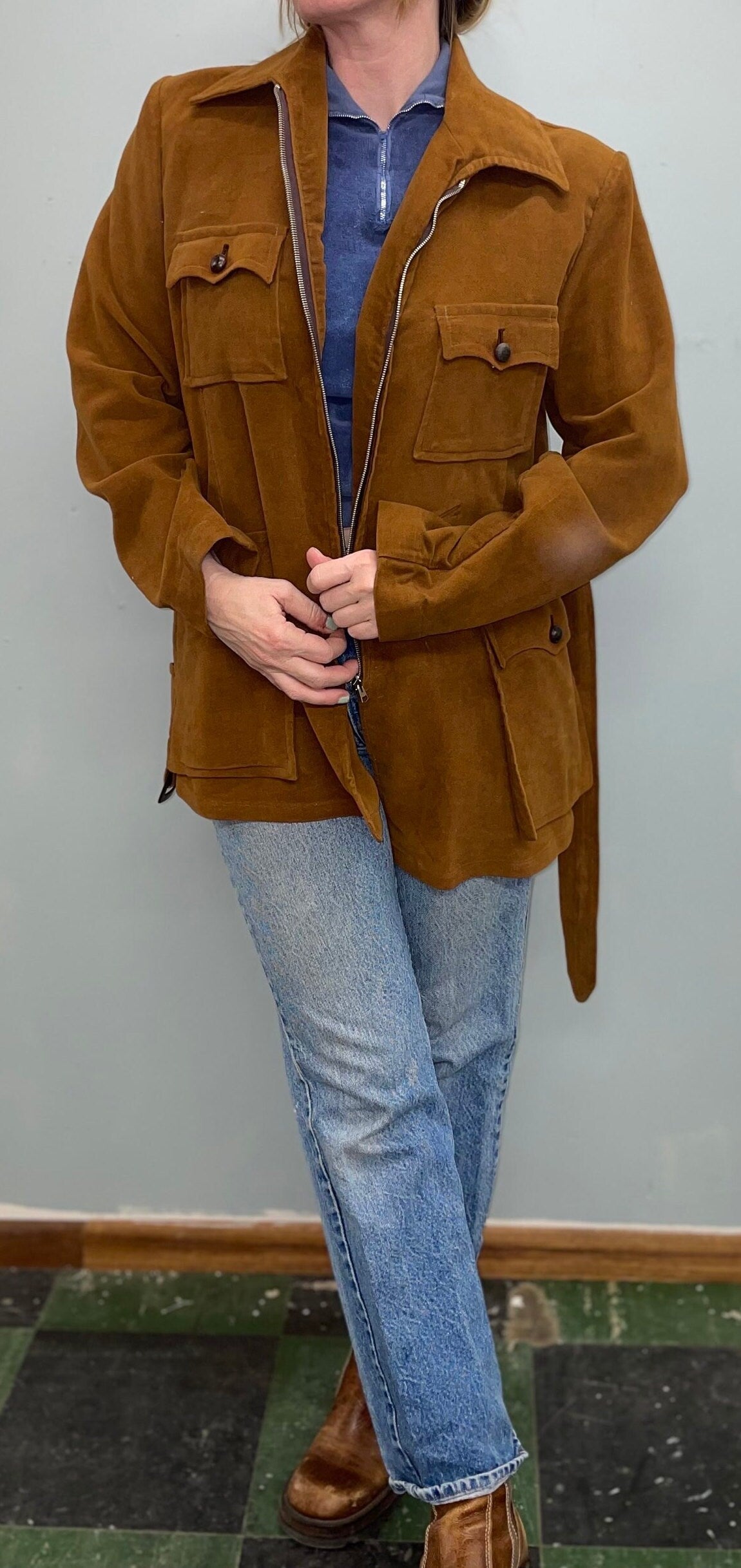 vtg 70s BROWN FELT JACKET // vintage belted pointy collar faux suede mod hippie retro stylish western stroller trench long structured coat