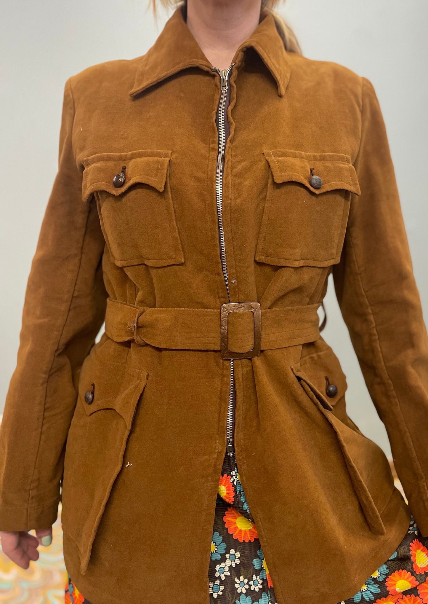 vtg 70s BROWN FELT JACKET // vintage belted pointy collar faux suede mod hippie retro stylish western stroller trench long structured coat