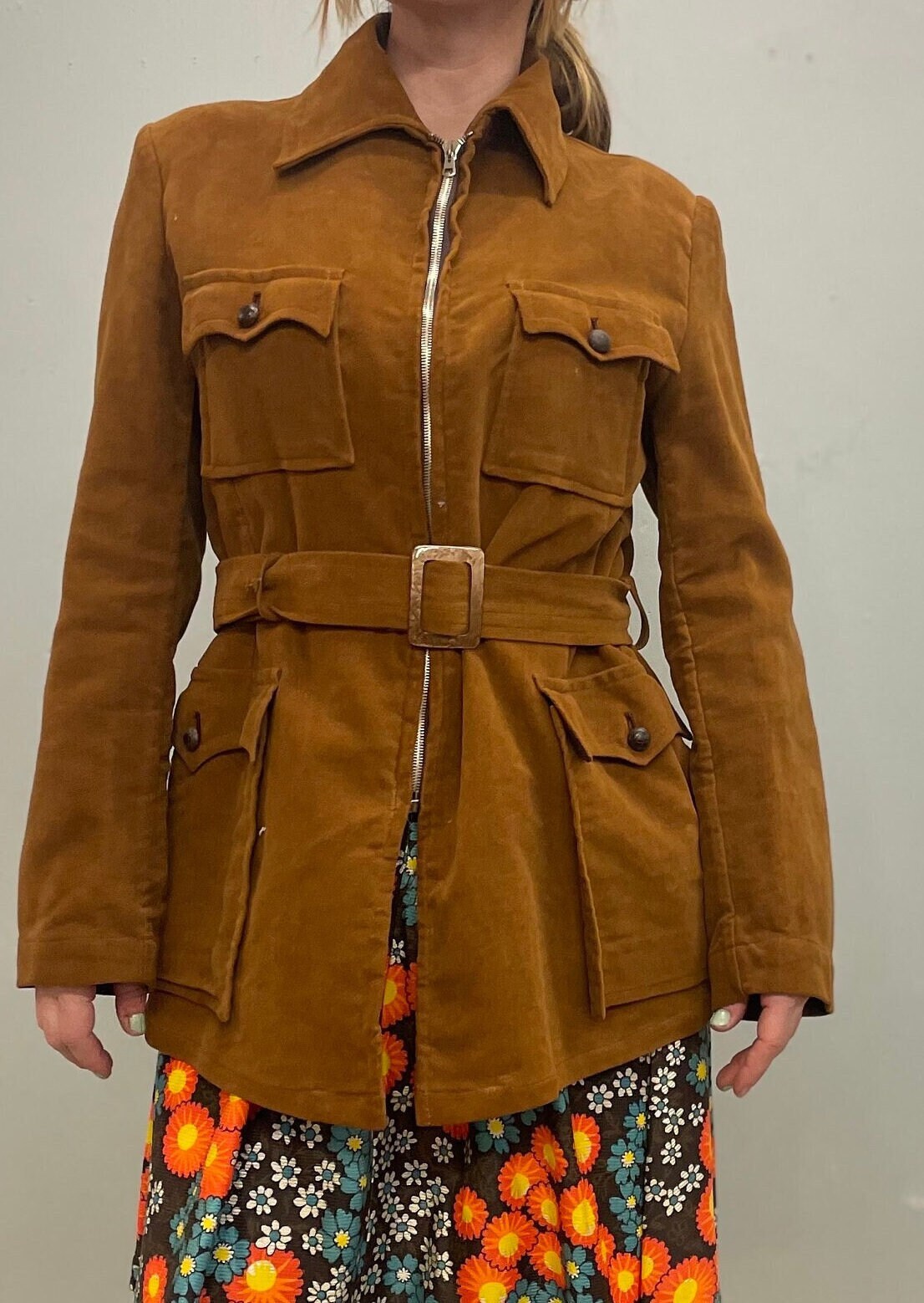 vtg 70s BROWN FELT JACKET // vintage belted pointy collar faux suede mod hippie retro stylish western stroller trench long structured coat