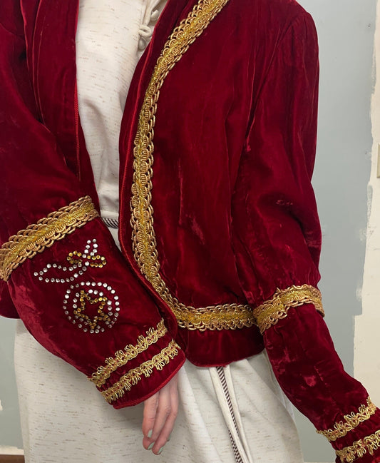 antique RED VELVET JACKET // vintage masonic robe odd fellows sword & stars free masons 1930s beaded bolero gold trim silk velvet art deco