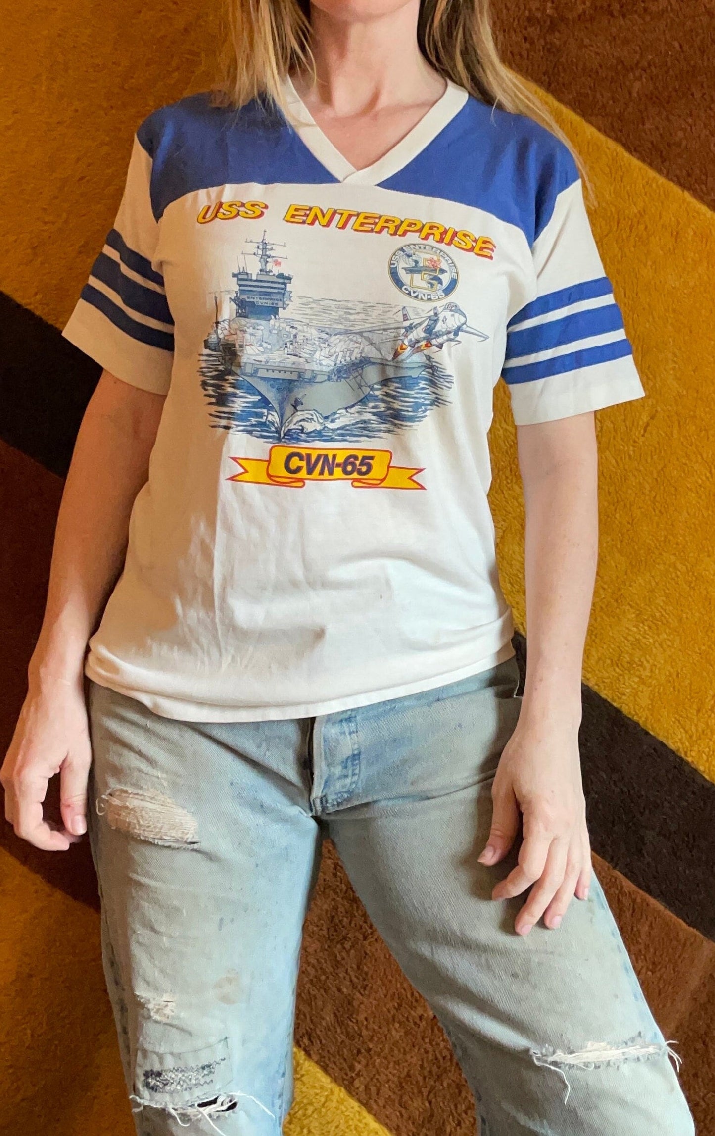 vtg 70s TOP GUN USS // vintage enterprise cvn 65 navy aircraft carrier striped ringer shirt 80s  retro graphic tee striped sleeves v neck