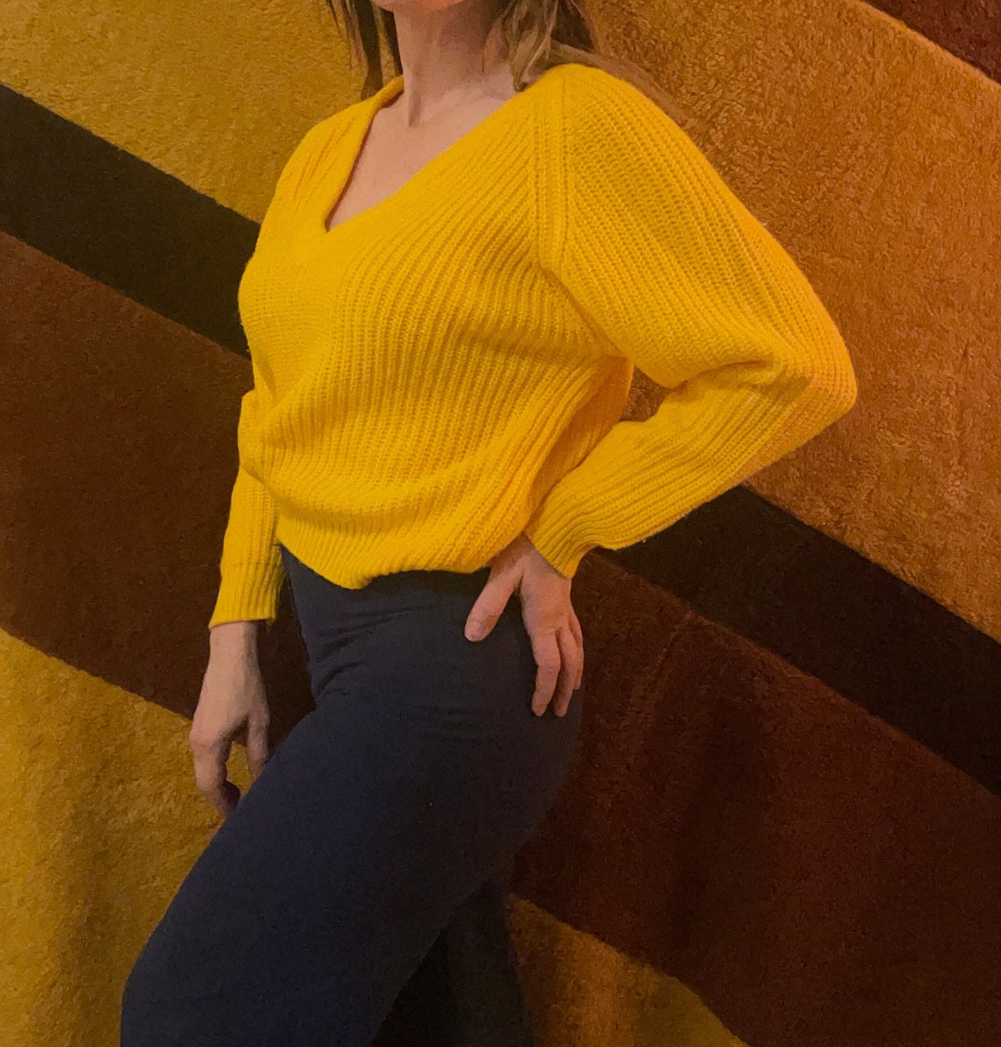 vtg 80s CANARY Yellow V NECK Sweater // vintage womens oversized slouchy cropped sweater baggy fit off one shoulder bright funky 80s top