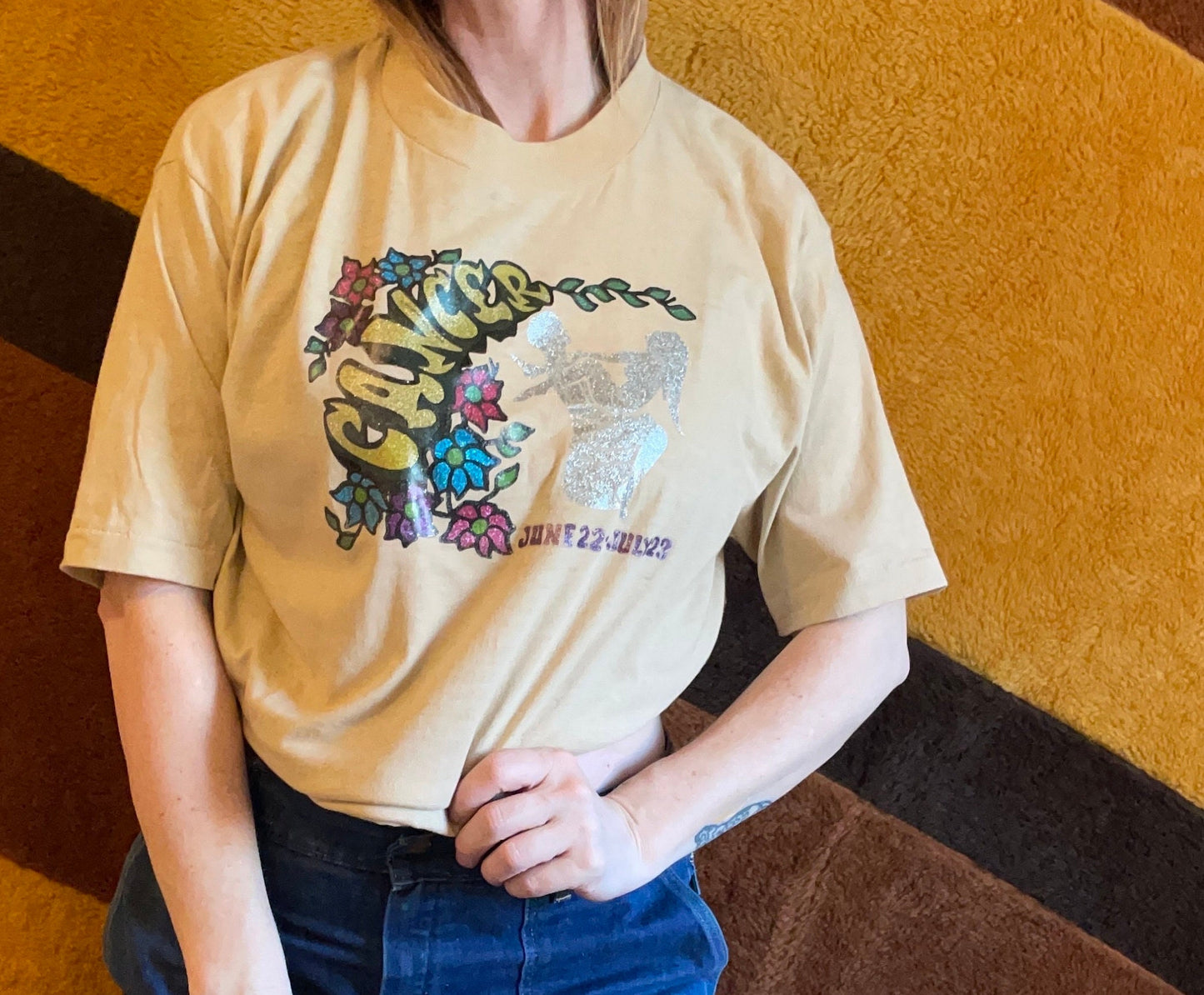 vtg 70s CANCER ZODIAC SIGN Shirt // vintage sportswear xl glitter iron on retro crab sexual position chart horoscope spiritual soft tshirt