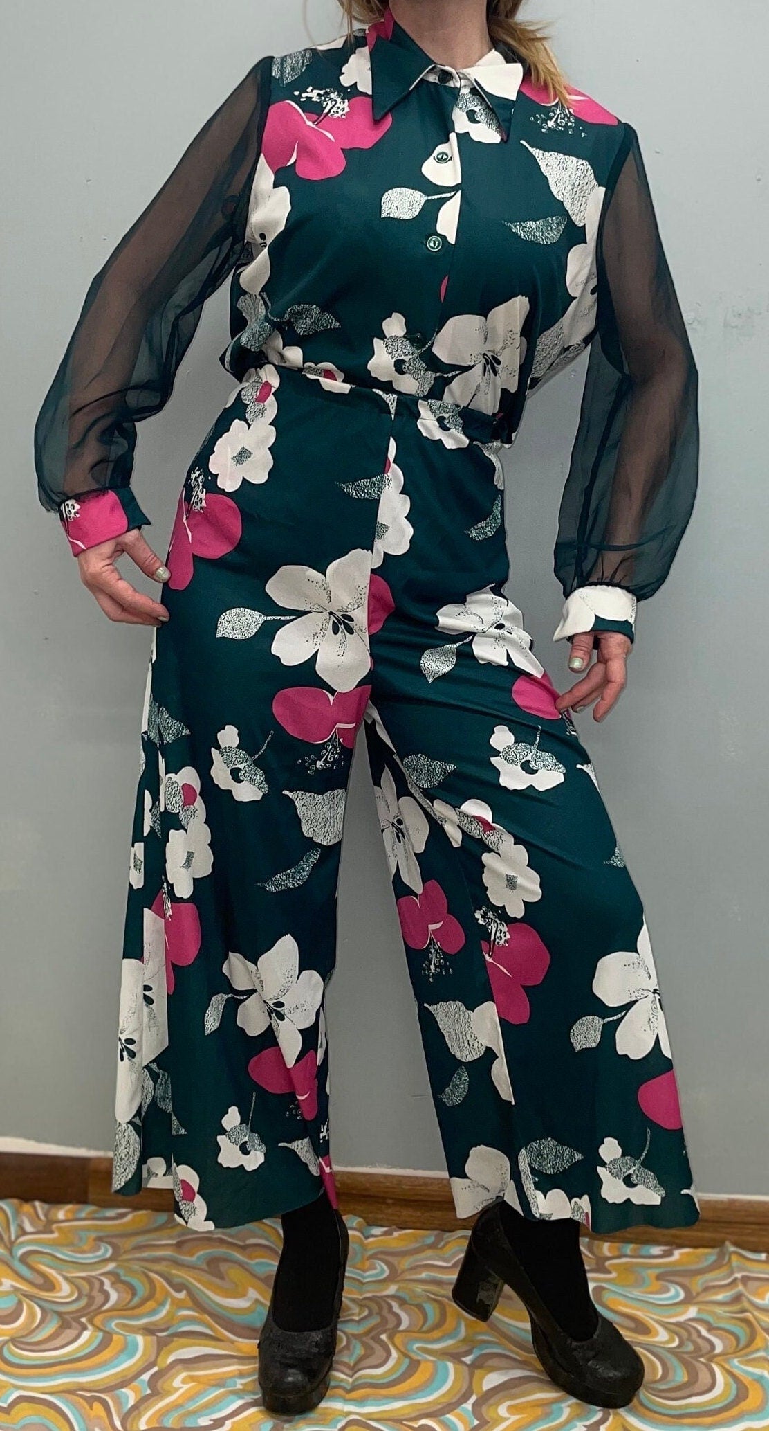 vtg 70s 3 PIECE JUMPSUIT // vintage size large green sheer sleeve pantsuit high waisted palazzo flare leg & matching top retro hippie autumn