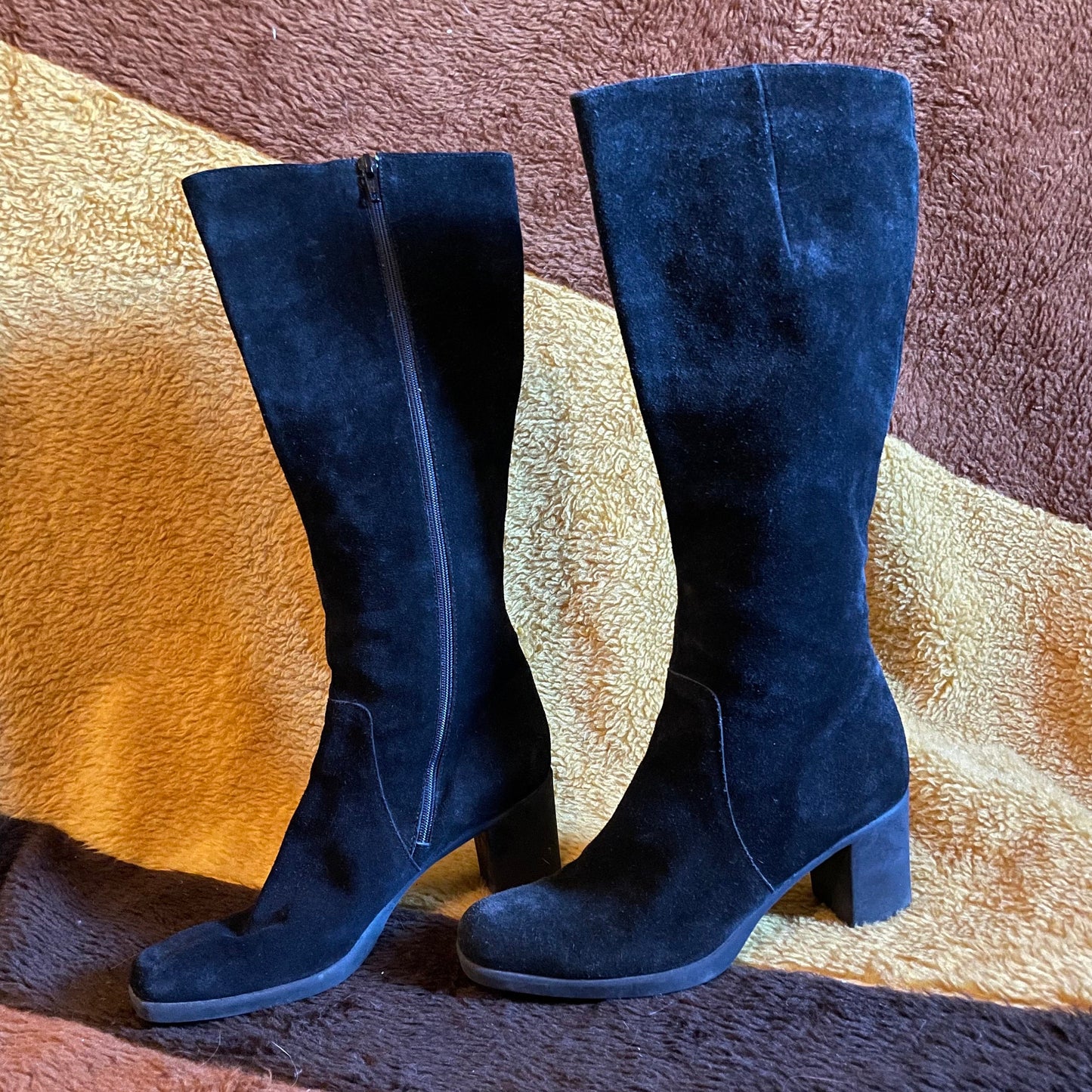 vtg 80s BLACK SUEDE BOOTS  // vintage 8.5 womens knee high angled zip up sleek chic mod beatnik sleek autumn retro go go mod minimalist boot