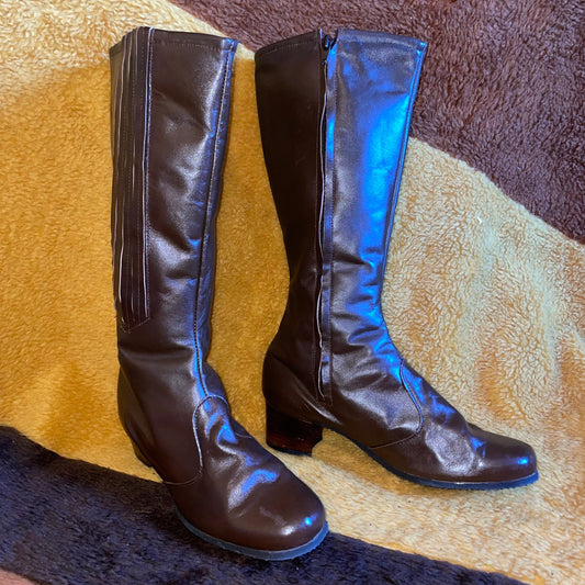 vtg 70s BROWN LEATHER GOGO Boots / vintage chocolate calf high wooden heel zip up warm sherpa boots nancy sinatra sleek 60s mod winter style