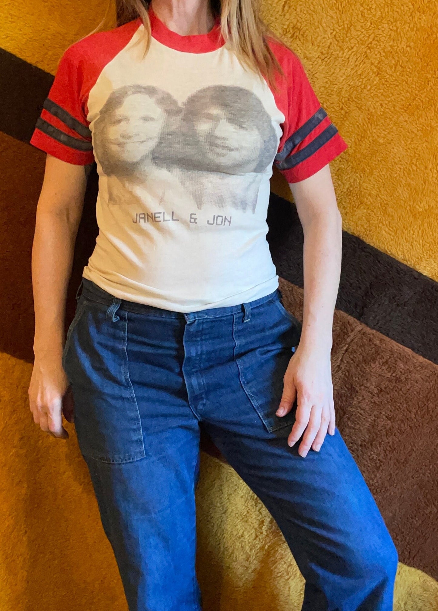 vtg 70s FACES PHOTO PIXEL booth /vintage champion blue bar medium art real couples carnival souvenir striped raglan retro ringer shirt